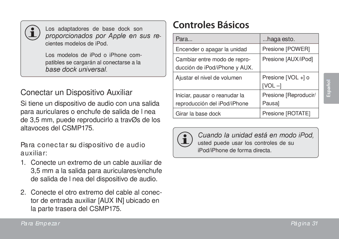 DeWalt CSMP175 Controles Básicos, Conectar un Dispositivo Auxiliar, Para conectar su dispositivo de audio auxiliar 