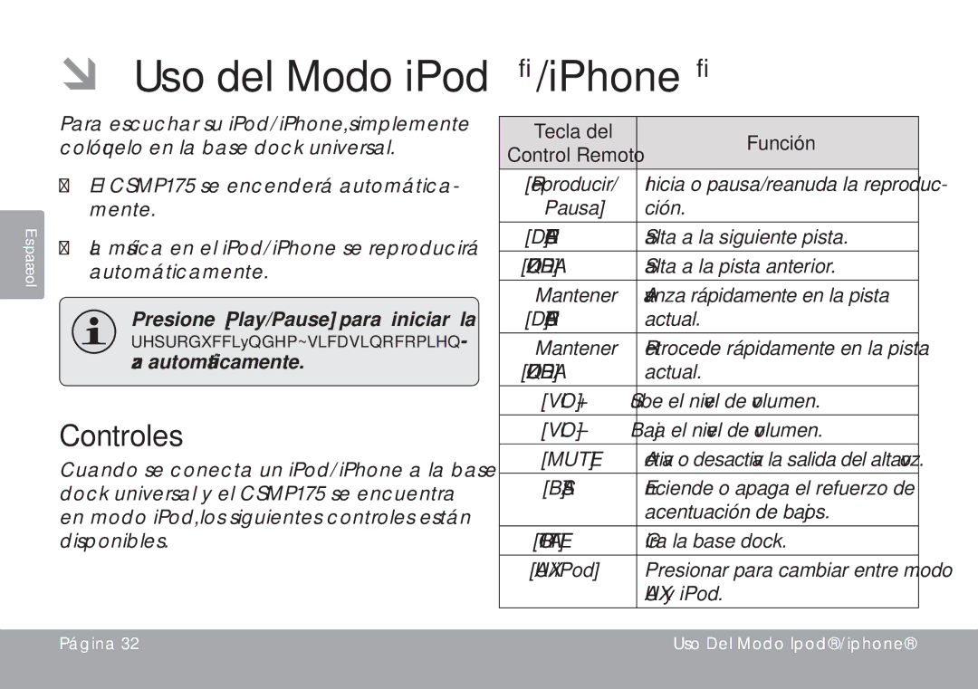 DeWalt CSMP175 instruction manual ÂÂ Uso del Modo iPod/iPhone, Controles, Tecla del Función Control Remoto, Izquierda 