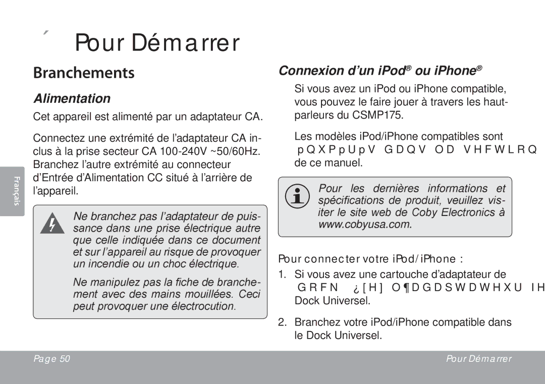 DeWalt CSMP175 instruction manual ÂÂ Pour Démarrer, Branchements, Alimentation, Connexion d’un iPod ou iPhone 