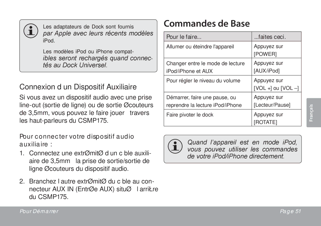 DeWalt CSMP175 Commandes de Base, Connexion d’un Dispositif Auxiliaire, Pour connecter votre dispositif audio auxiliaire 