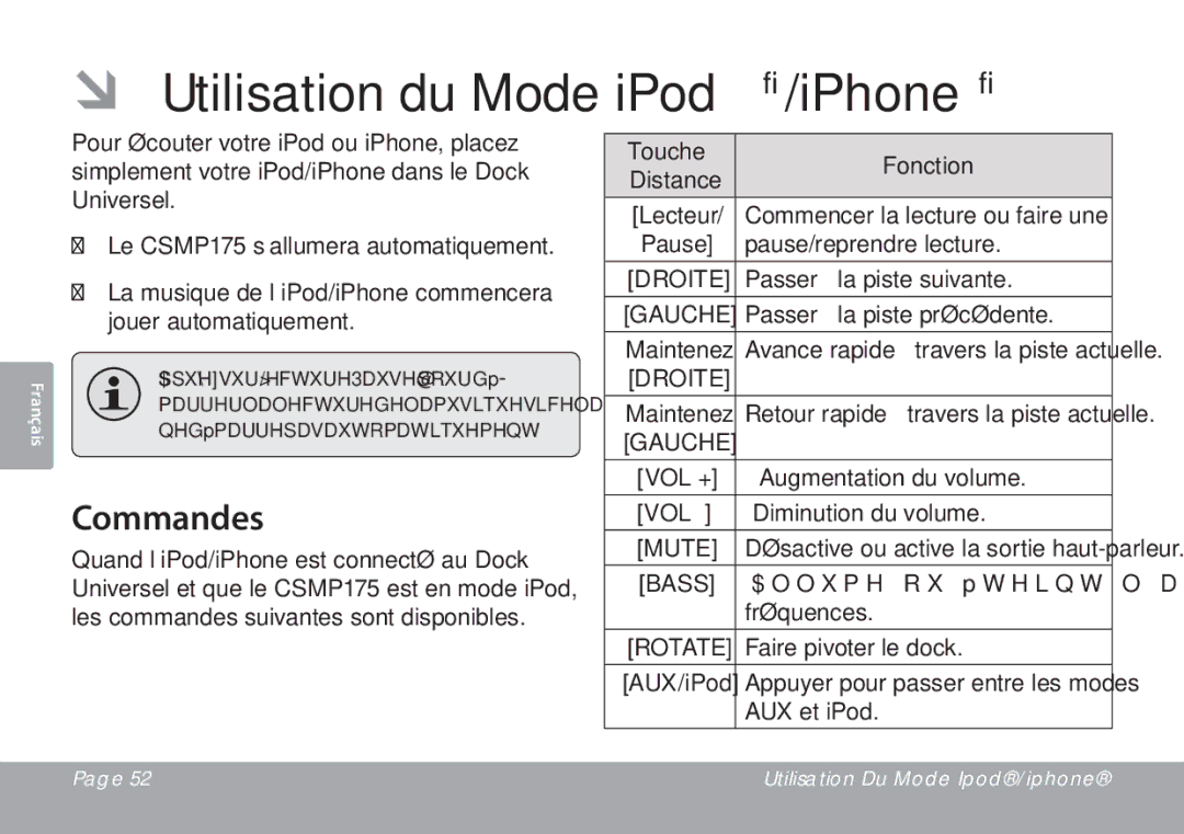 DeWalt CSMP175 instruction manual ÂÂ Utilisation du Mode iPod/iPhone, Commandes, Fonction, Distance 