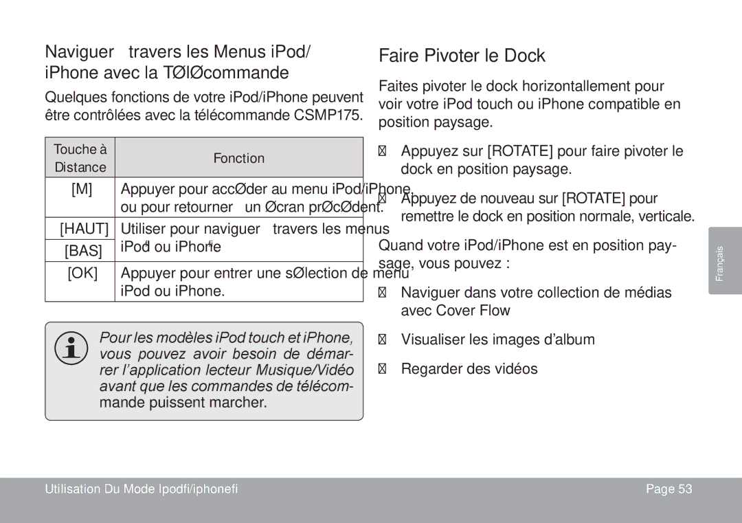 DeWalt CSMP175 instruction manual Faire Pivoter le Dock, Touche à Fonction Distance 