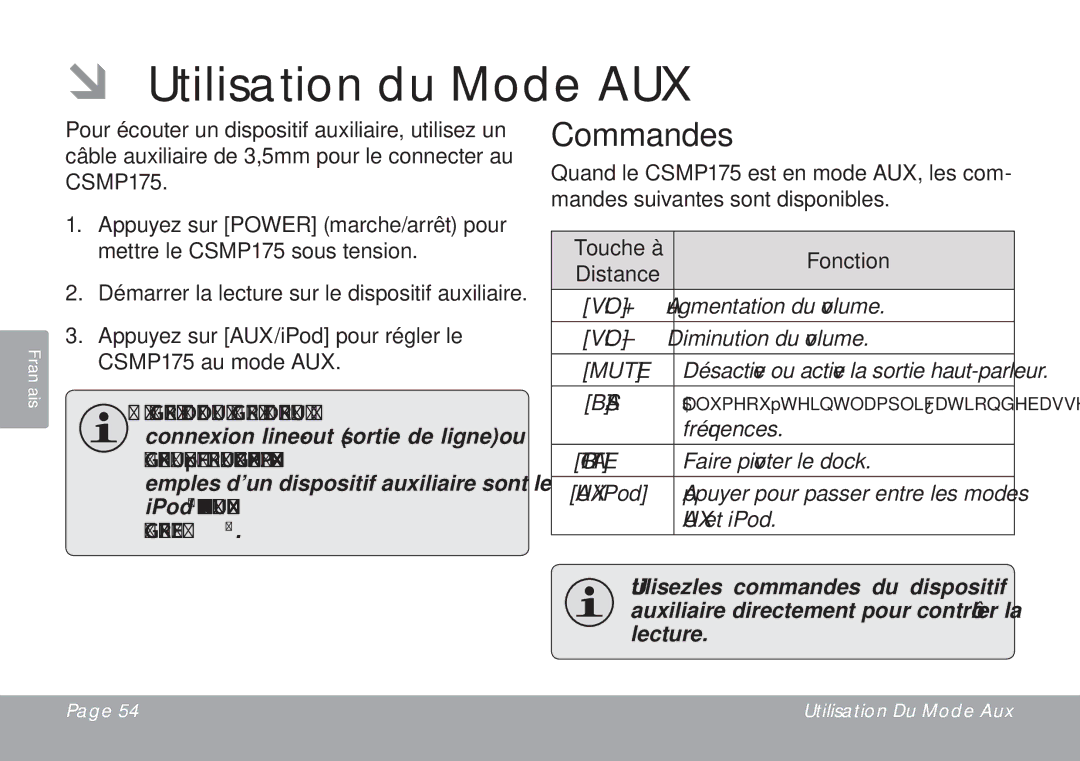 DeWalt CSMP175 instruction manual ÂÂ Utilisation du Mode AUX 