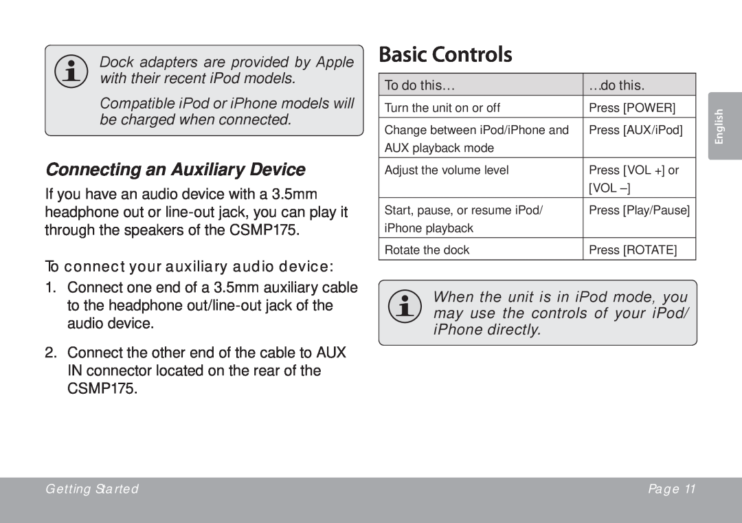 DeWalt CSMP175 instruction manual Basic Controls, Connecting an Auxiliary Device 