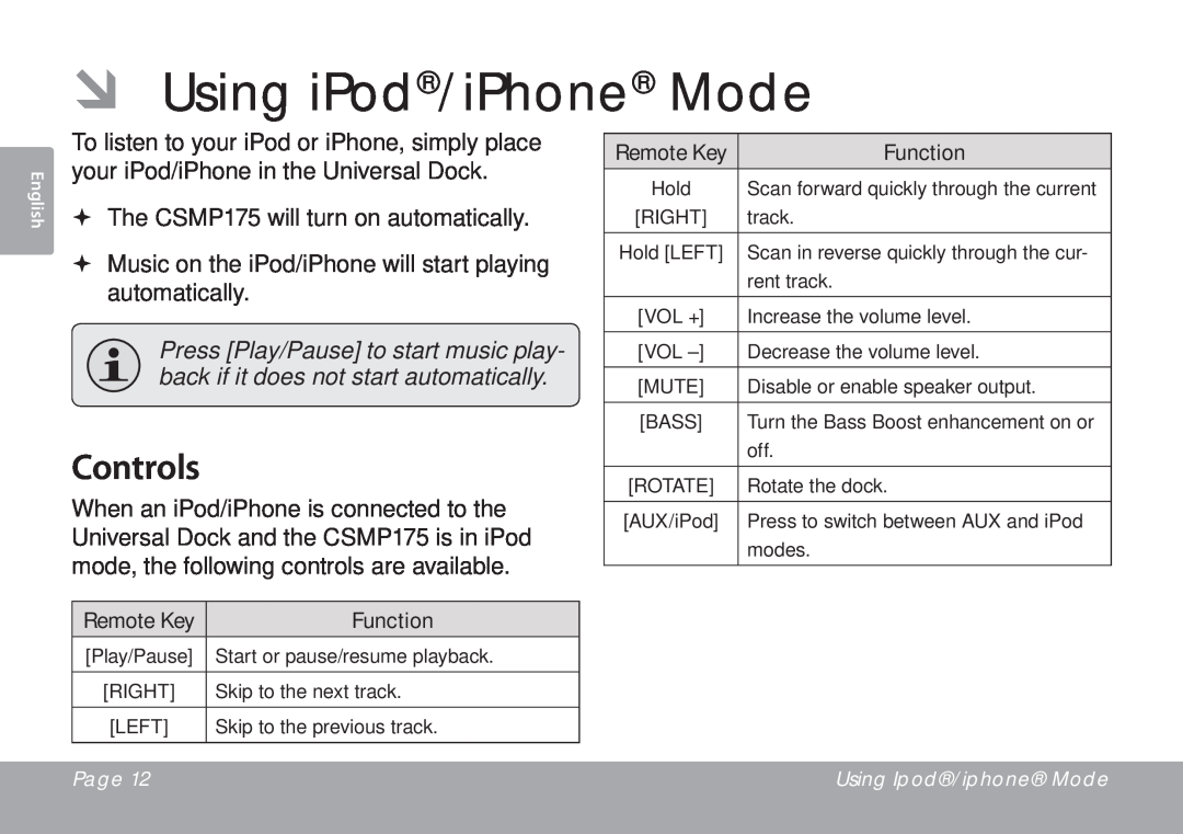 DeWalt CSMP175 instruction manual ÂÂ Using iPod/iPhone Mode, Controls 