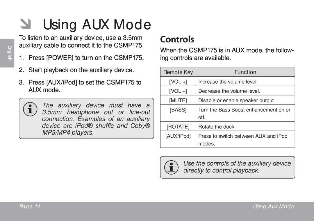 DeWalt CSMP175 instruction manual ÂÂ Using AUX Mode, Controls 