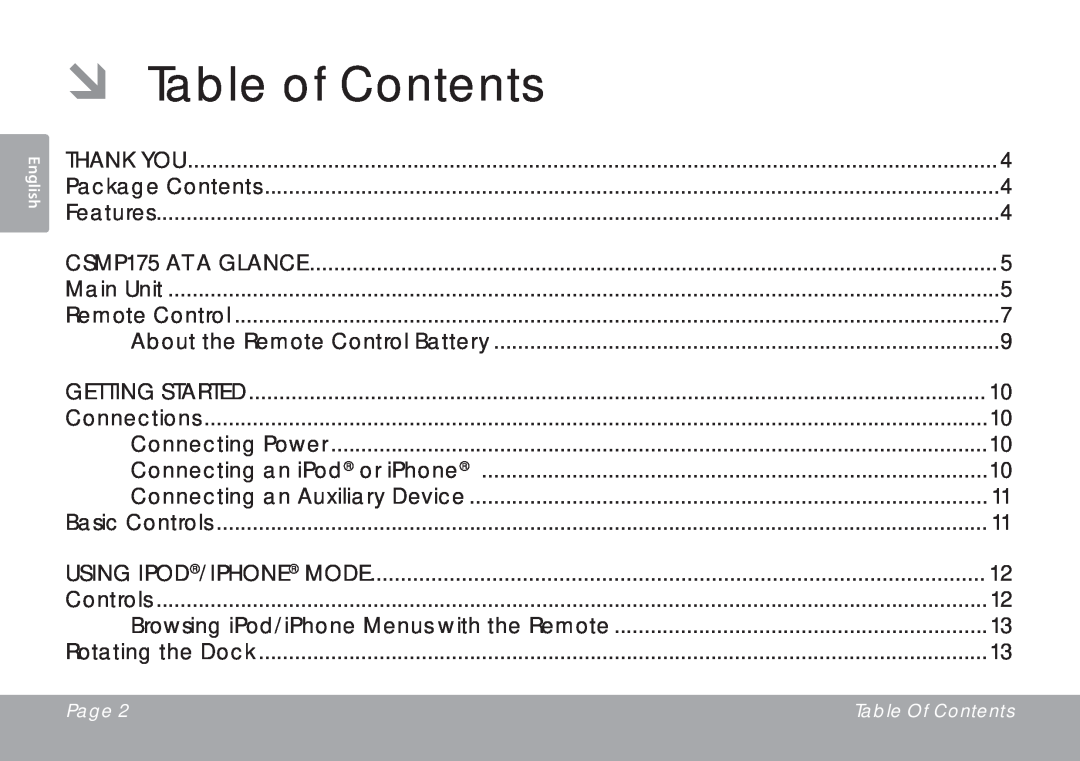DeWalt instruction manual ÂÂ Table of Contents, Thank You, CSMP175 at a Glance, Getting Started, Using iPod/iPhone Mode 