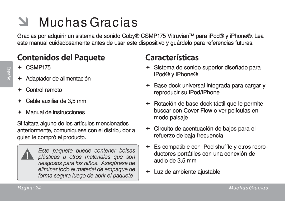 DeWalt CSMP175 instruction manual ÂÂ Muchas Gracias, Contenidos del Paquete, Características 