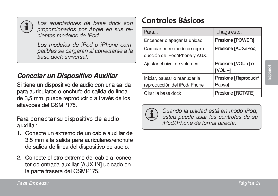 DeWalt CSMP175 instruction manual Controles Básicos, Conectar un Dispositivo Auxiliar 