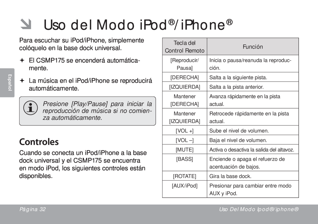 DeWalt CSMP175 instruction manual ÂÂ Uso del Modo iPod/iPhone, Controles 
