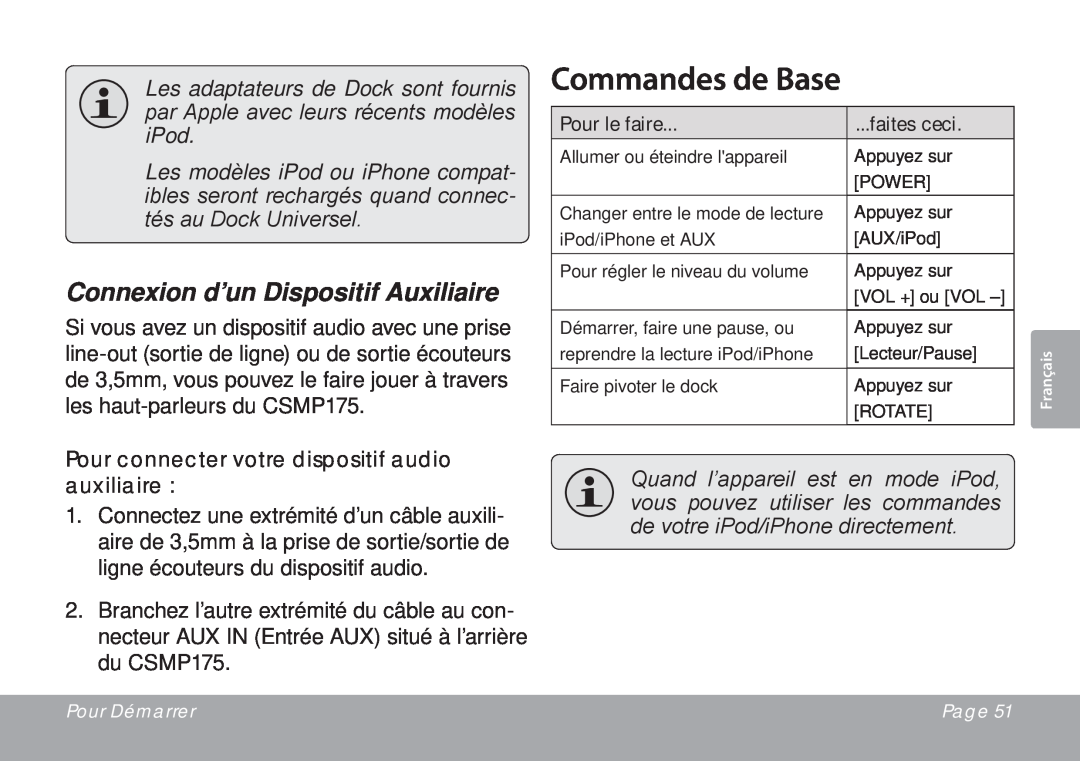 DeWalt CSMP175 instruction manual Commandes de Base, Connexion d’un Dispositif Auxiliaire 