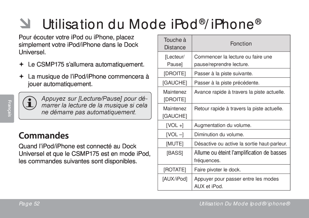 DeWalt CSMP175 instruction manual ÂÂ Utilisation du Mode iPod/iPhone, Commandes 