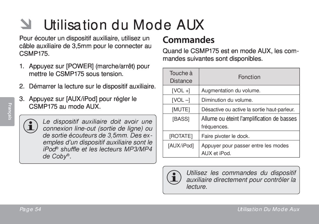 DeWalt CSMP175 instruction manual ÂÂ Utilisation du Mode AUX, Commandes 
