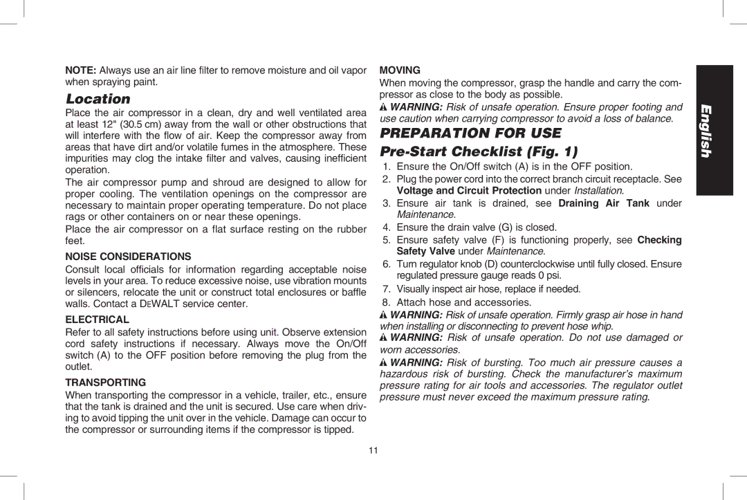 DeWalt D2002M instruction manual Location, Preparation For Use Pre-Start Checklist Fig, Moving 