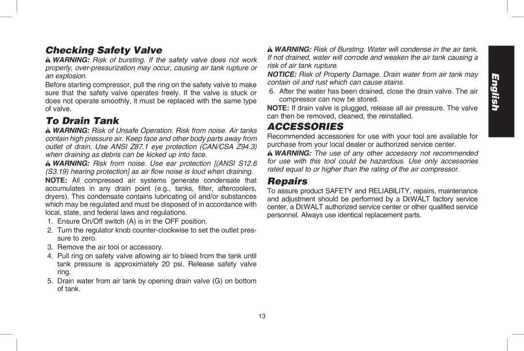 DeWalt D2002M instruction manual Checking Safety Valve, To Drain Tank, Accessories, Repairs 