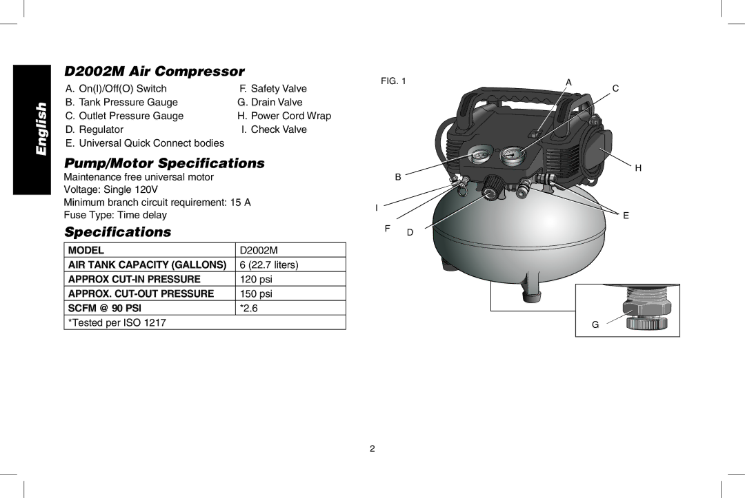 DeWalt instruction manual D2002M Air Compressor, Pump/Motor Specifications, Model 