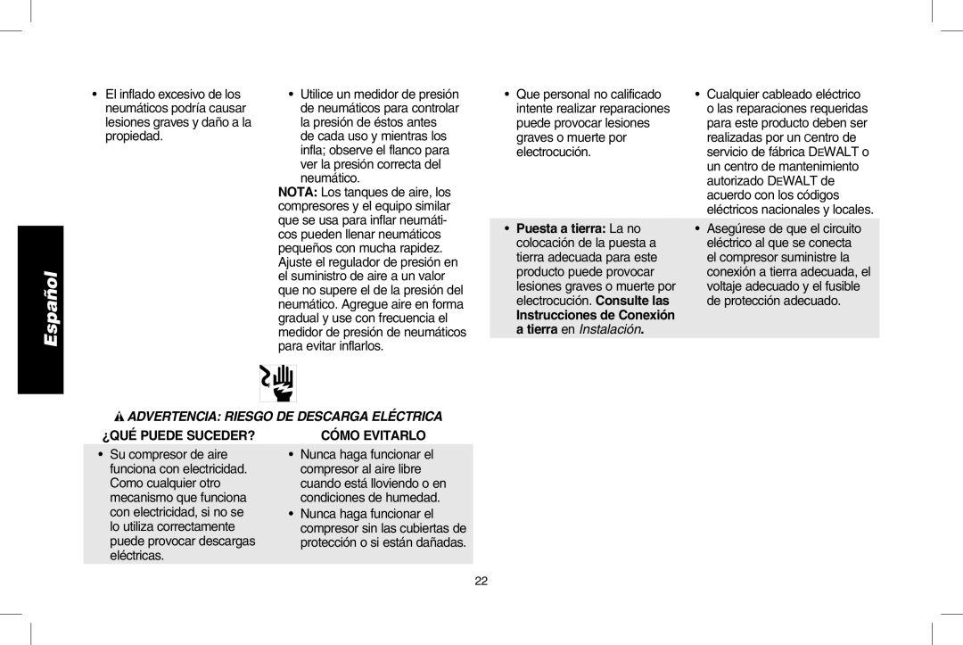 DeWalt D2002M instruction manual Advertencia riesgo de descarga eléctrica 