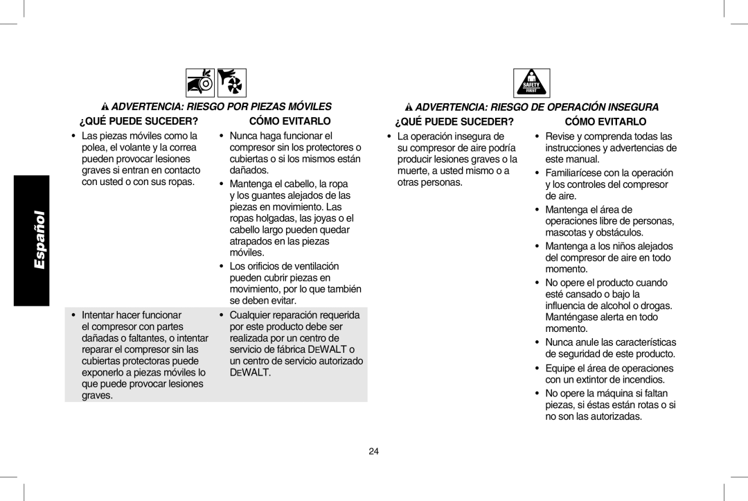 DeWalt D2002M instruction manual Advertencia riesgo por piezas móviles, Advertencia Riesgo de operación insegura 