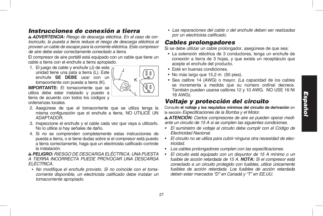 DeWalt D2002M Instrucciones de conexión a tierra, Cables prolongadores, Voltaje y protección del circuito, 18 AWG 