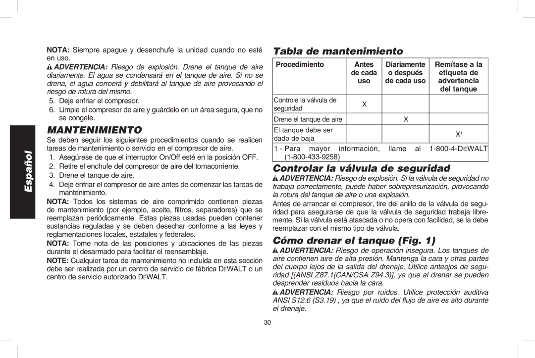 DeWalt D2002M Mantenimiento, Tabla de mantenimiento, Controlar la válvula de seguridad, Cómo drenar el tanque Fig 