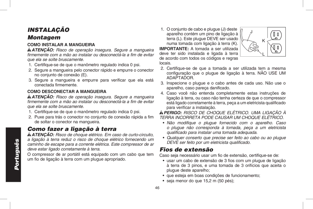 DeWalt D2002M instruction manual Instalação, Montagem, Como fazer a ligação à terra, Fios de extensão 