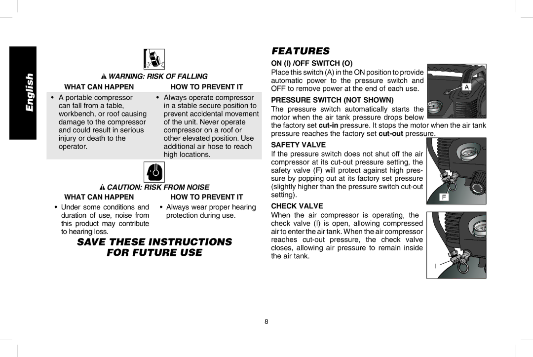 DeWalt D2002M instruction manual Features, For Future USE 