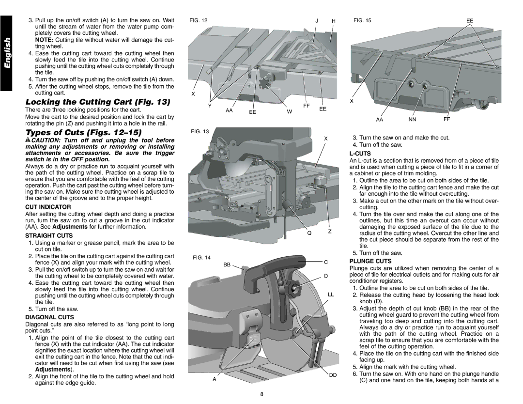 DeWalt D24000 instruction manual Locking the Cutting Cart Fig, Types of Cuts Figs 