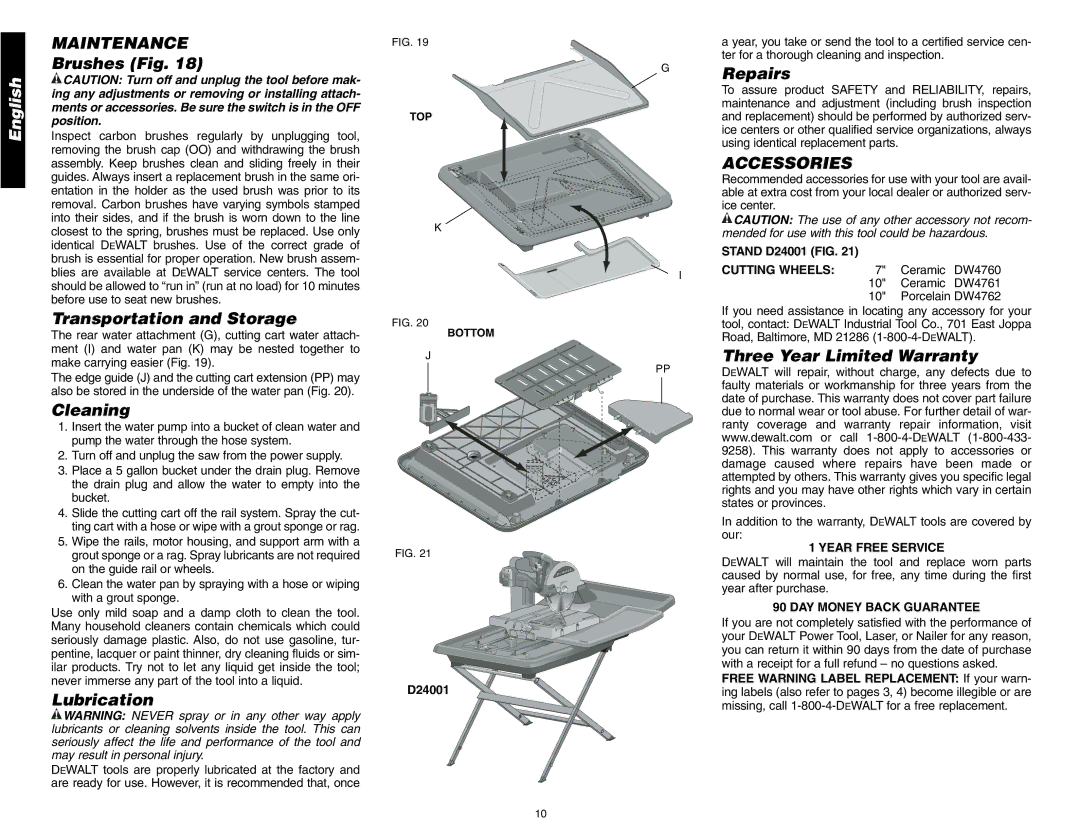 DeWalt D24000 instruction manual Maintenance, Accessories 