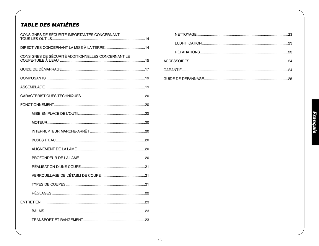 DeWalt D24000 instruction manual Table DES Matières 