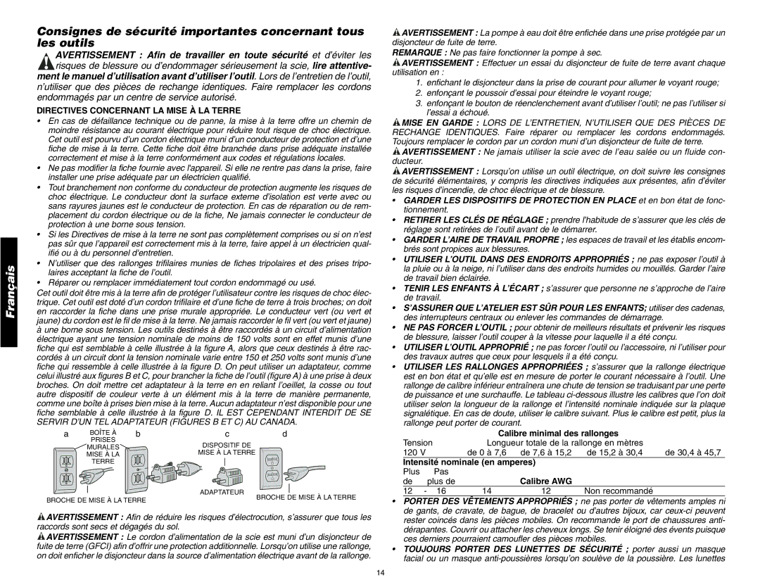 DeWalt D24000 Consignes de sécurité importantes concernant tous les outils, Directives Concernant LA Mise À LA Terre 