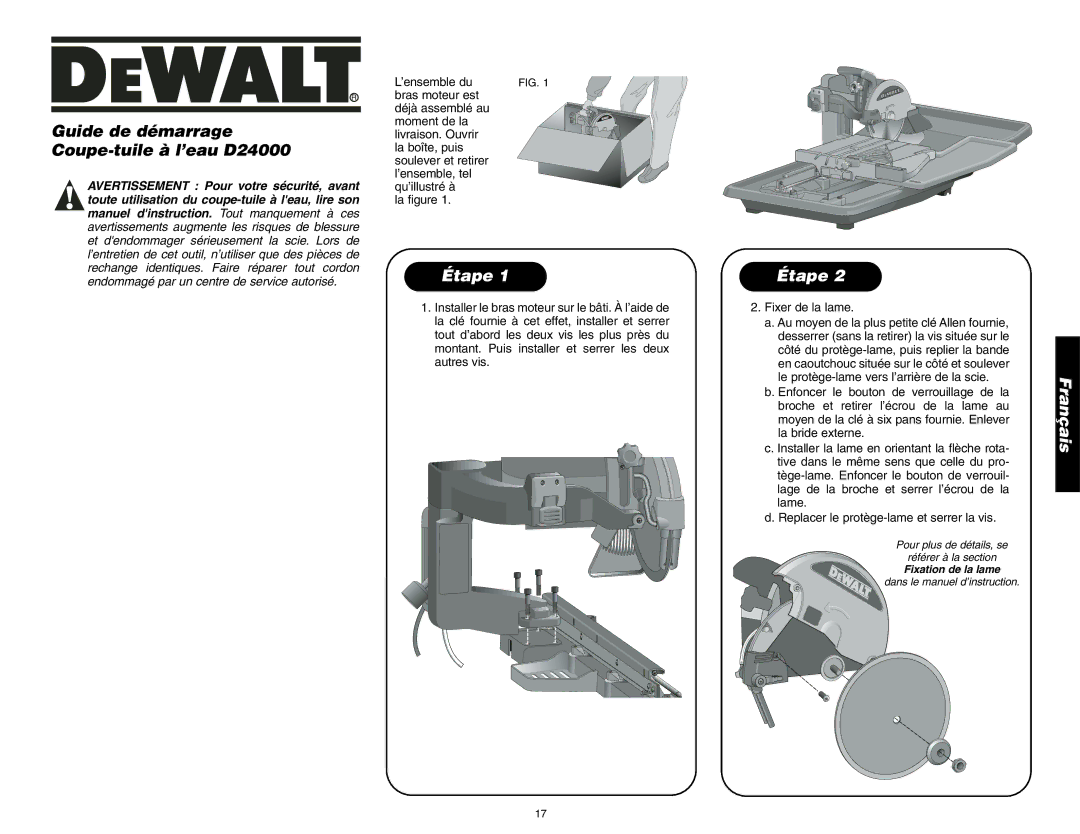 DeWalt instruction manual Guide de démarrage Coupe-tuile à l’eau D24000, Étape, Fixer de la lame 