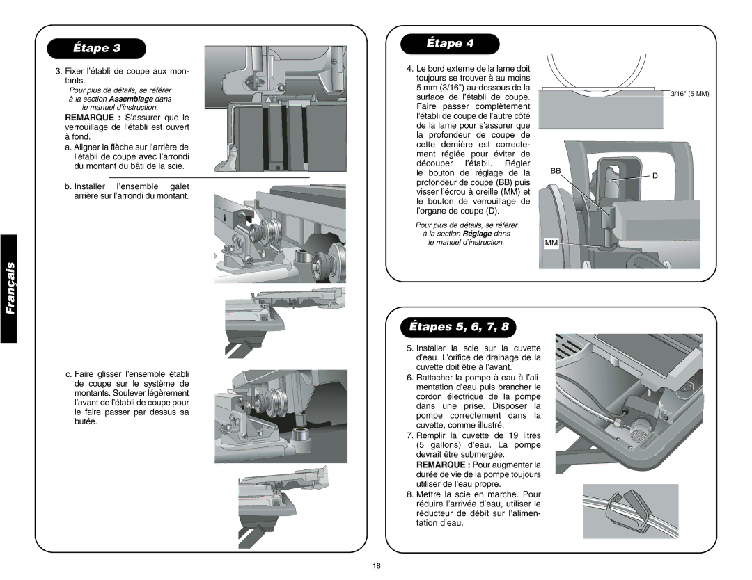 DeWalt D24000 instruction manual Étapes 5, 6, 7, Fixer l’établi de coupe aux mon- tants 