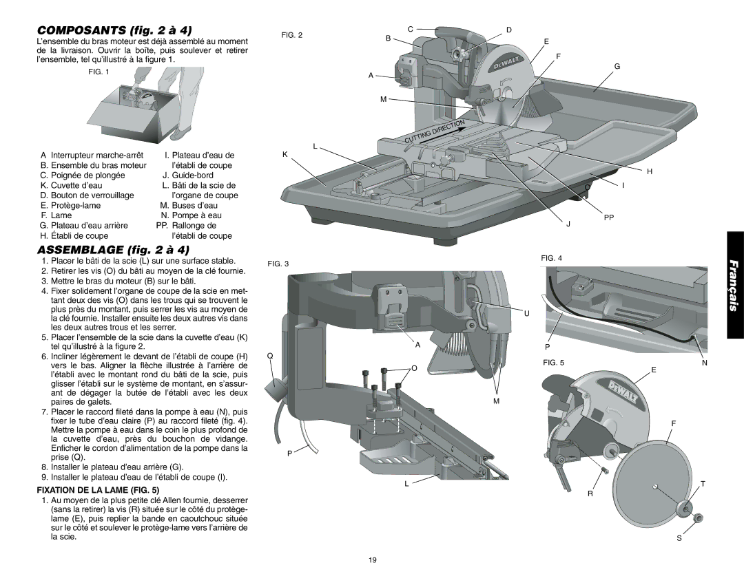 DeWalt D24000 instruction manual Composants à, Assemblage à, Ensemble du bras moteur, Fixation DE LA Lame FIG 