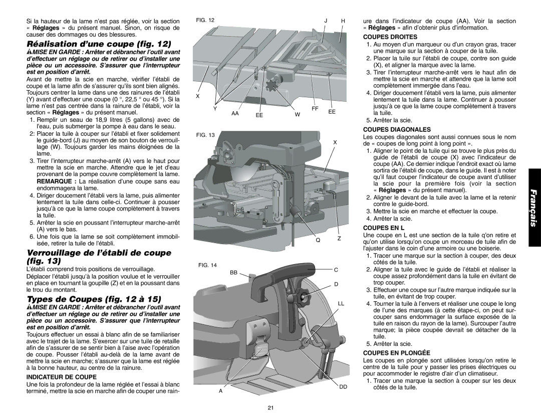 DeWalt D24000 instruction manual Réalisation d’une coupe fig, Verrouillage de l’établi de coupe fig, Types de Coupes à 