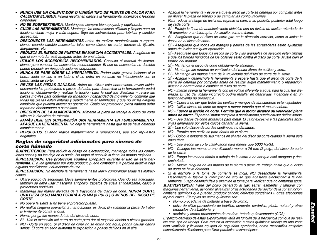 DeWalt D24000 instruction manual Reglas de seguridad adicionales para sierras de corte húmedo 