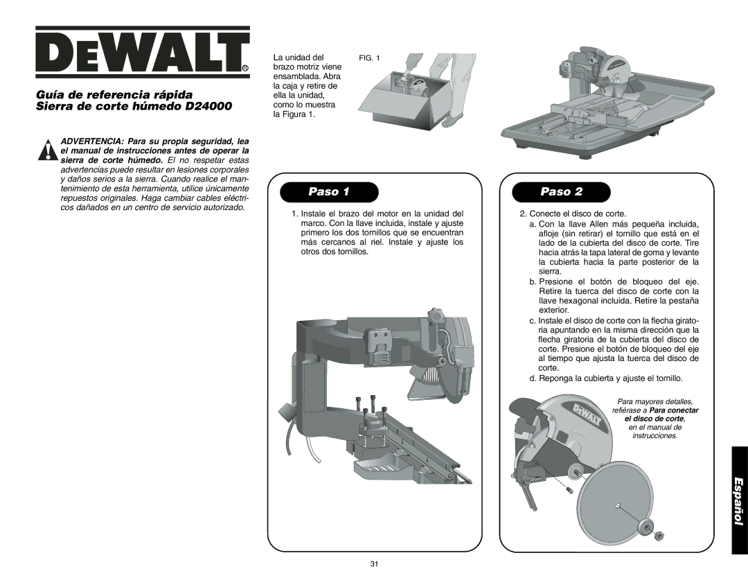 DeWalt instruction manual Guía de referencia rápida Sierra de corte húmedo D24000, Paso 