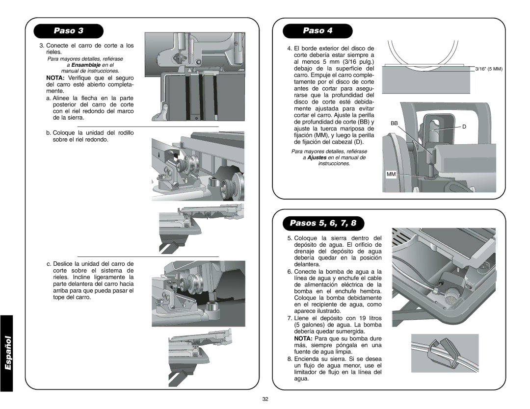 DeWalt D24000 instruction manual Español Pasos 5, 6, 7, Conecte el carro de corte a los rieles 