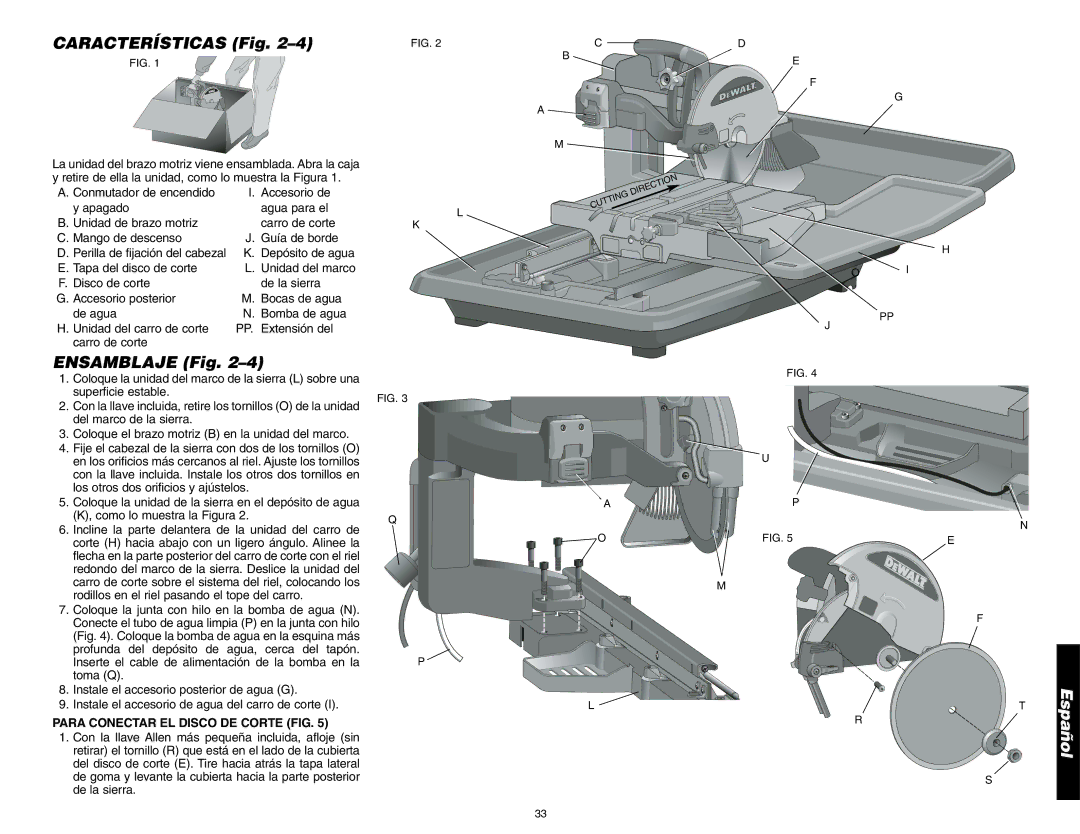 DeWalt D24000 instruction manual Características Fig, Ensamblaje Fig, Para Conectar EL Disco DE Corte FIG 