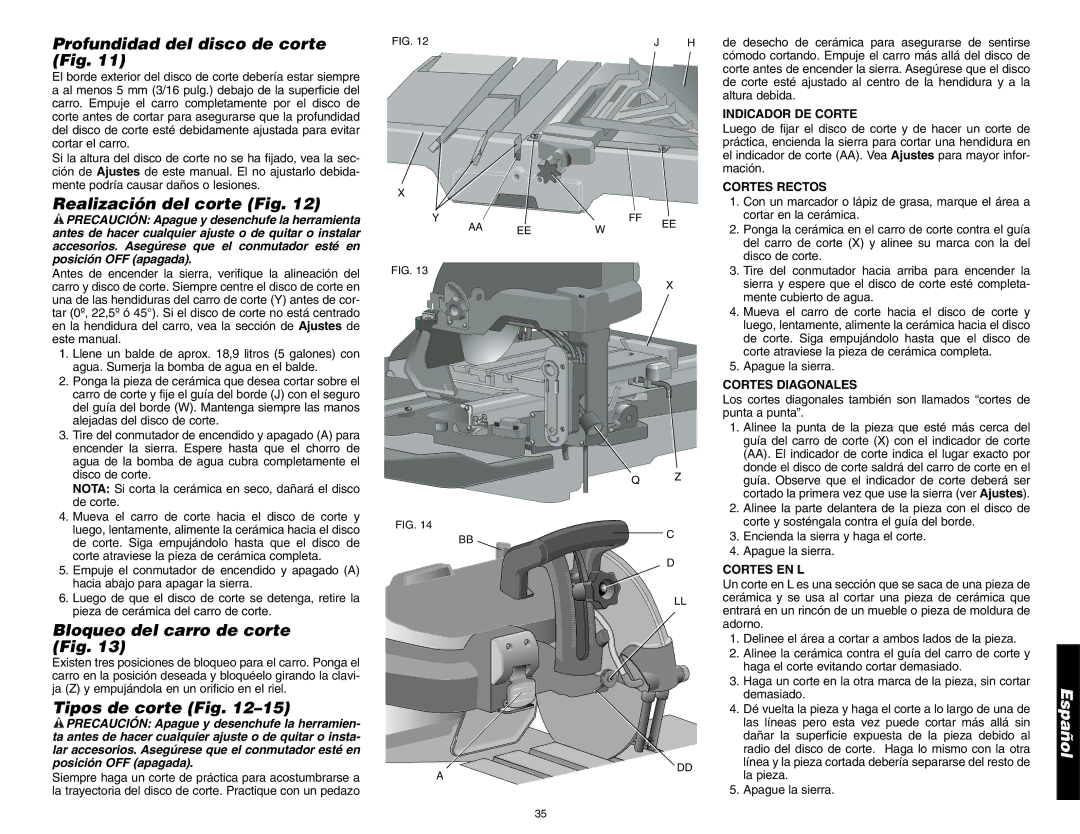 DeWalt D24000 Profundidad del disco de corte Fig, Realización del corte Fig, Bloqueo del carro de corte Fig 