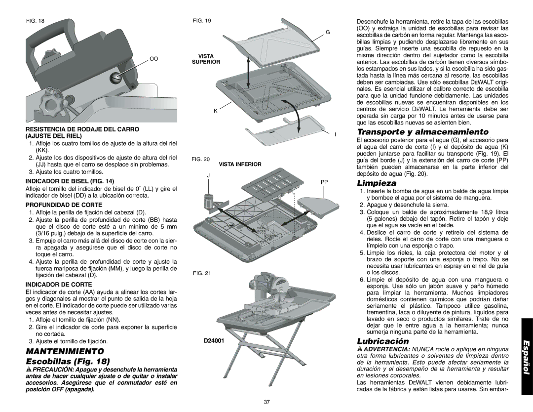 DeWalt D24000 instruction manual Mantenimiento, Escobillas Fig, Transporte y almacenamiento, Limpieza, Lubricación 