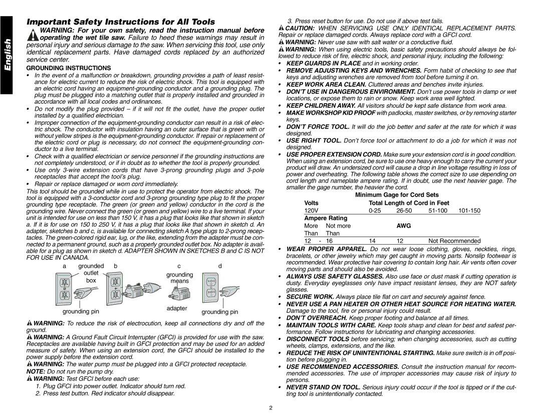 DeWalt D24000 instruction manual Important Safety Instructions for All Tools, Grounding Instructions, Awg 