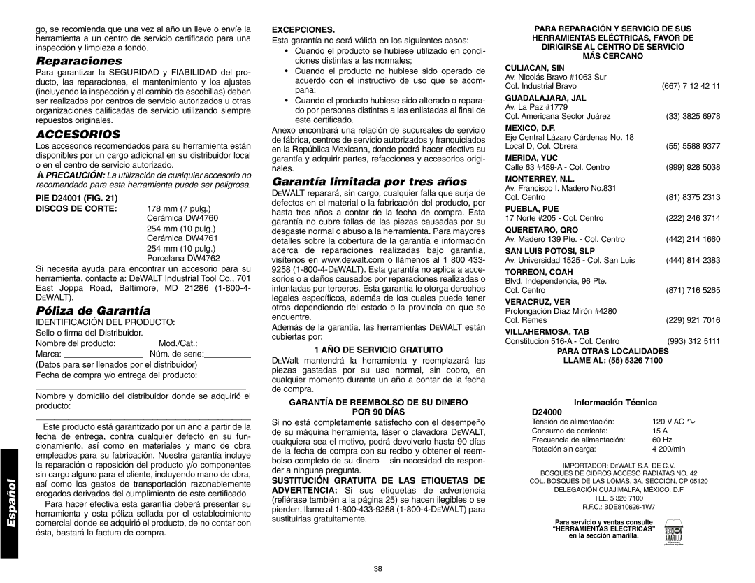 DeWalt D24000 instruction manual Reparaciones, Accesorios, Póliza de Garantía, Garantía limitada por tres años 