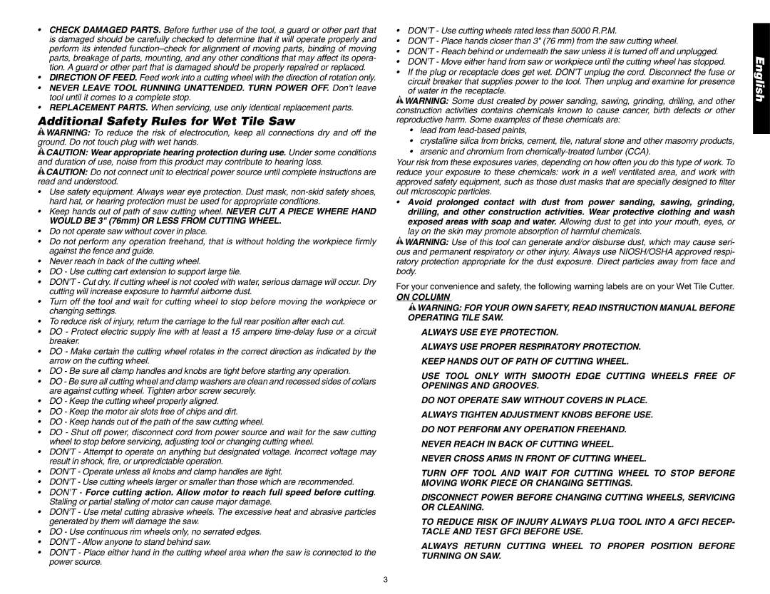 DeWalt D24000 instruction manual Additional Safety Rules for Wet Tile Saw, Would be 3 76mm or Less from Cutting Wheel 