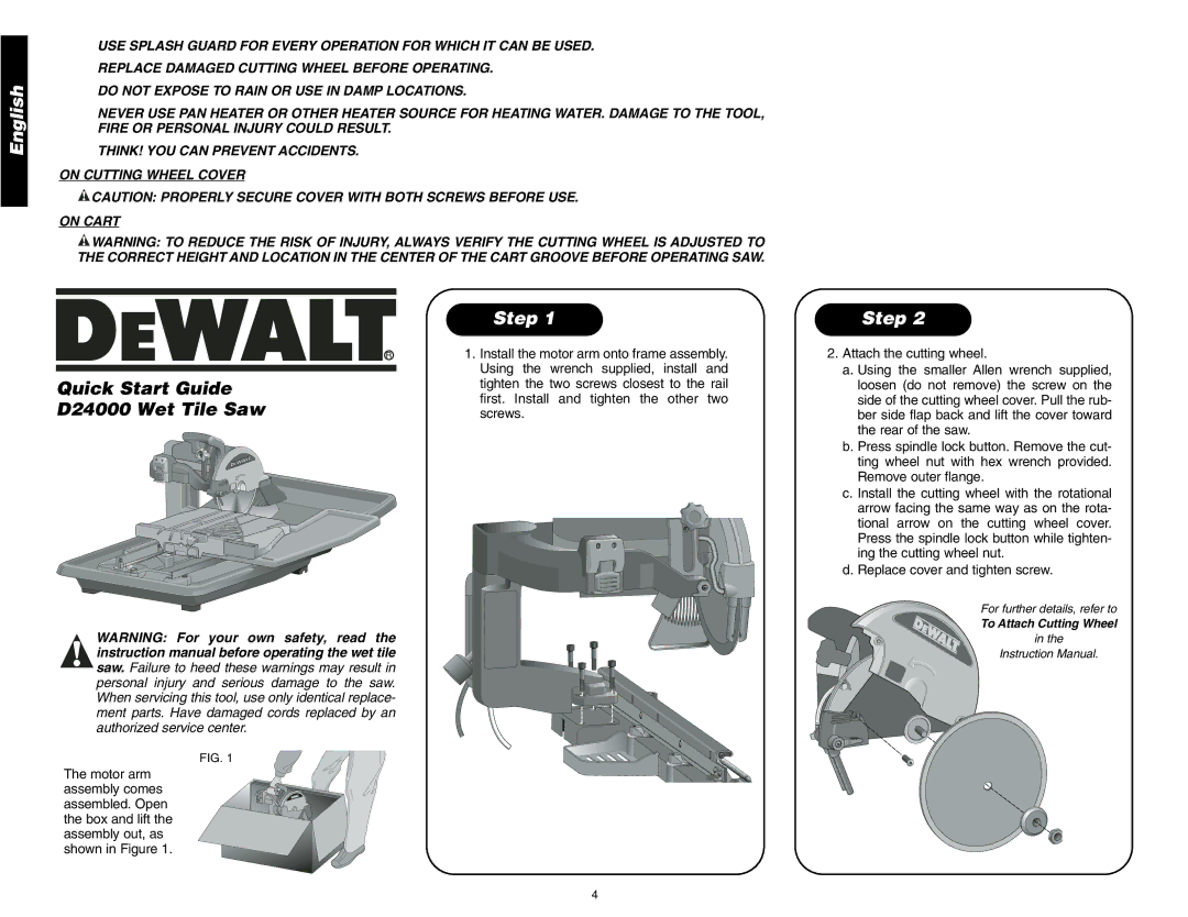 DeWalt instruction manual Quick Start Guide D24000 Wet Tile Saw, Step 