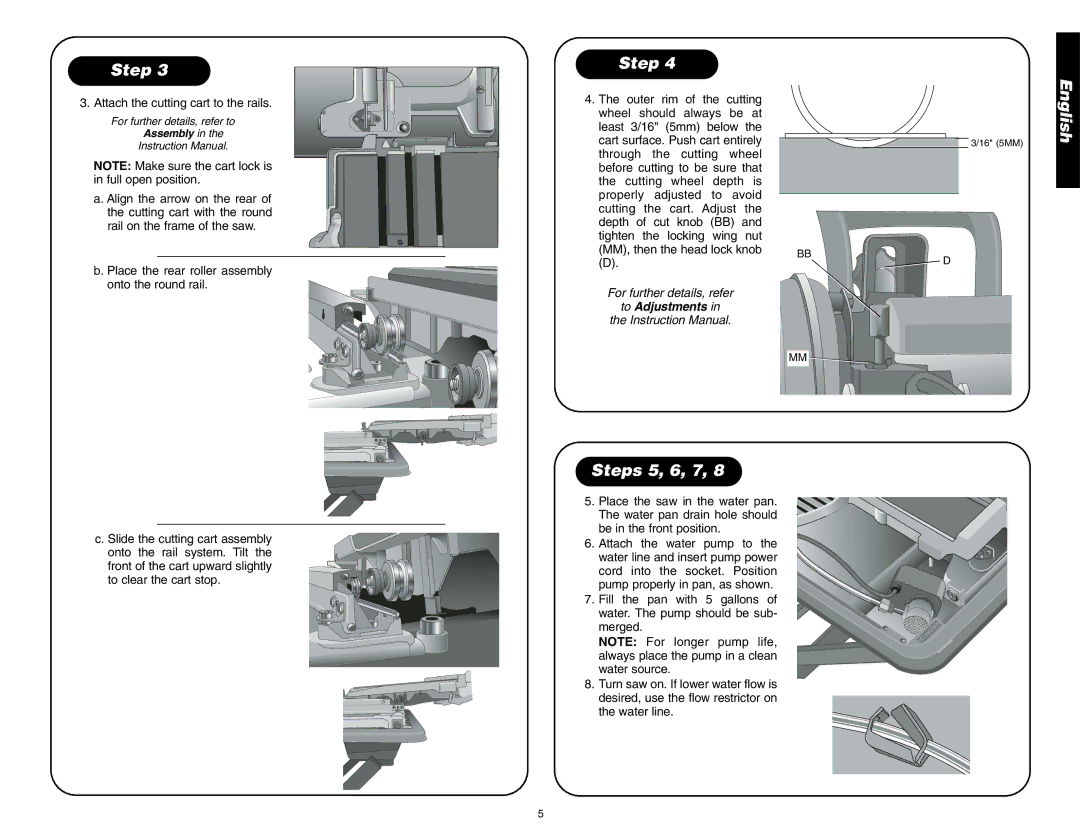 DeWalt D24000 instruction manual Steps 5, 6, 7, Attach the cutting cart to the rails 