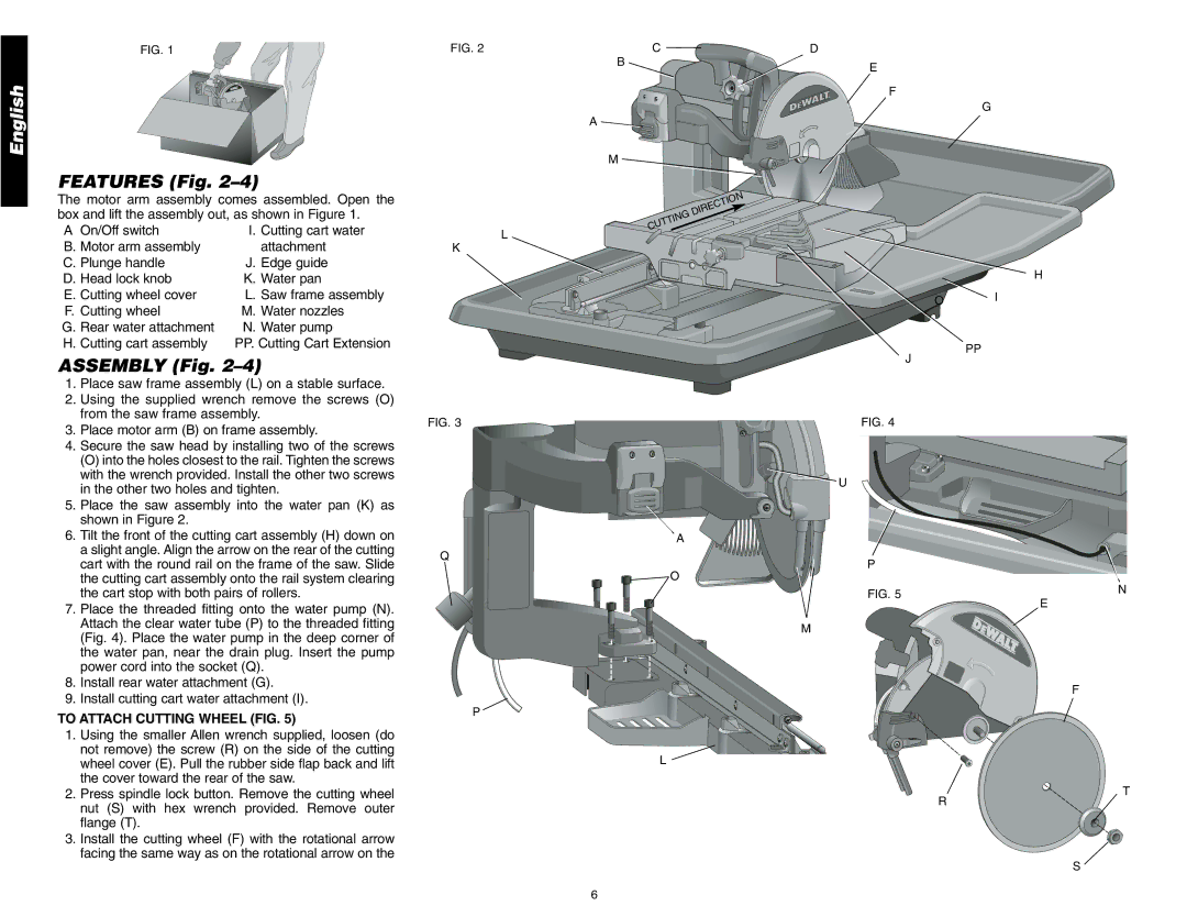 DeWalt D24000 instruction manual Features Fig, Assembly Fig, To Attach Cutting Wheel FIG 