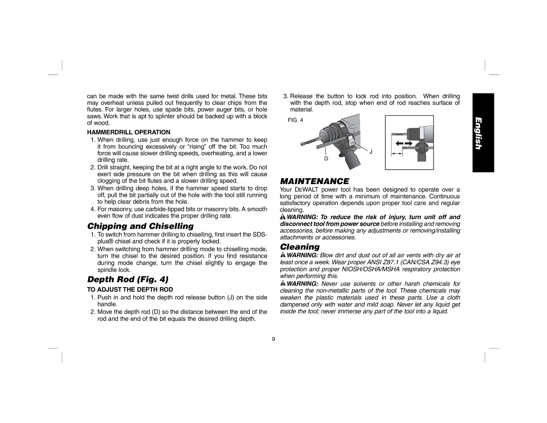 DeWalt D25013 instruction manual Chipping and Chiselling, Depth Rod Fig, Maintenance, Cleaning 