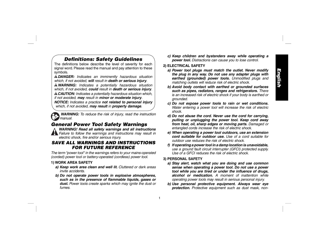 DeWalt D25013 Definitions Safety Guidelines, General Power Tool Safety Warnings, Work Area Safety, Electrical Safety 