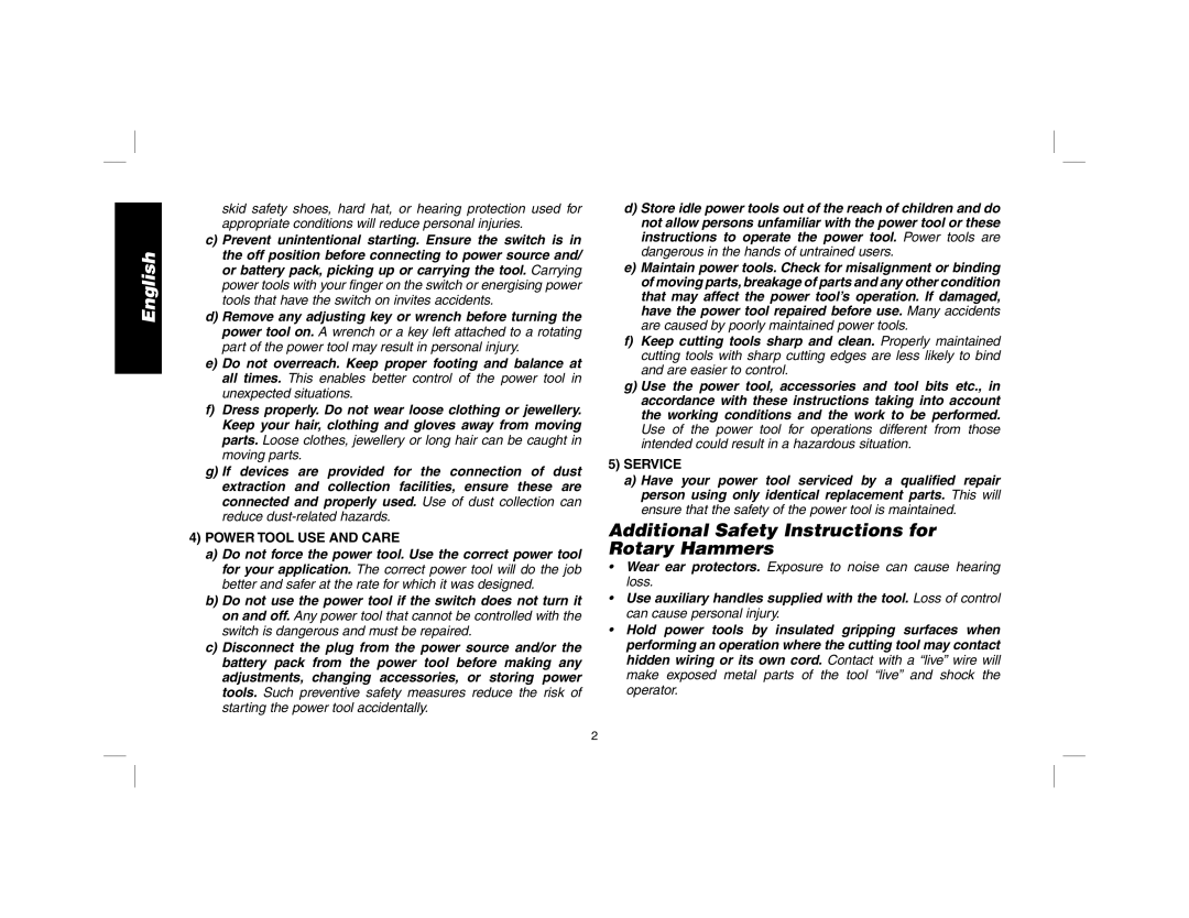 DeWalt D25013 instruction manual Additional Safety Instructions for Rotary Hammers, Power Tool USE and Care, Service 