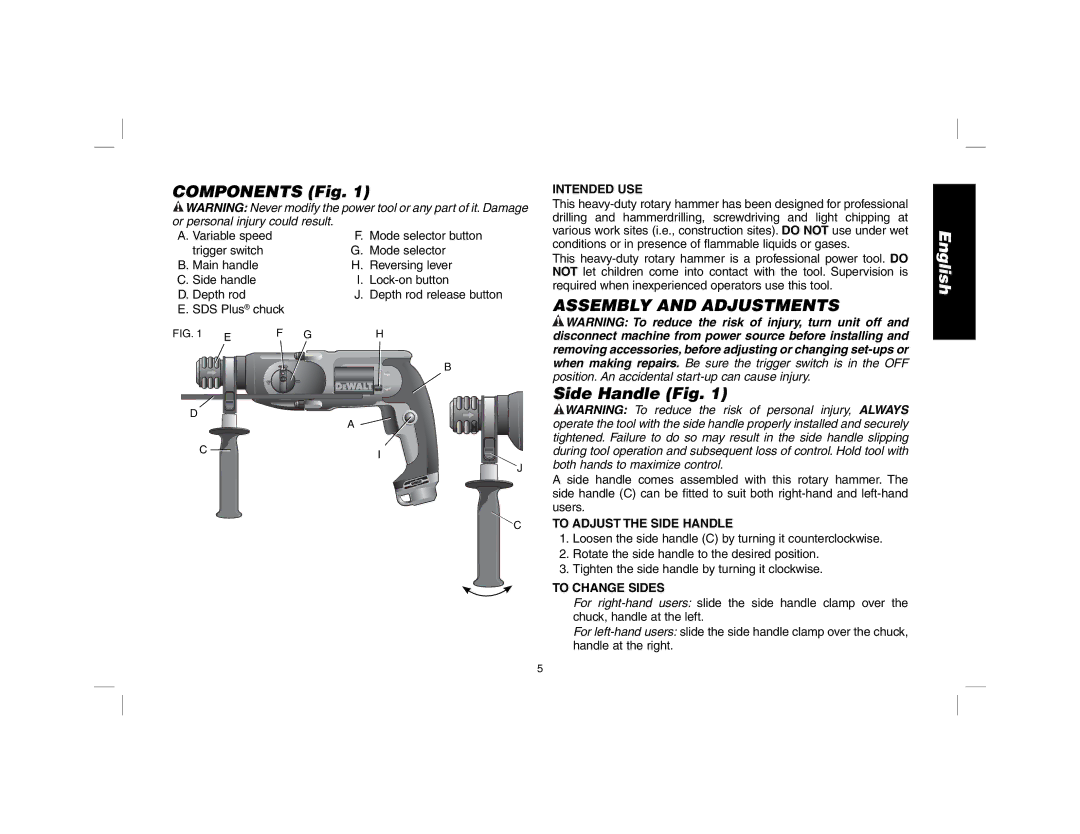 DeWalt D25013 instruction manual Components Fig, Assembly and Adjustments, Side Handle Fig 